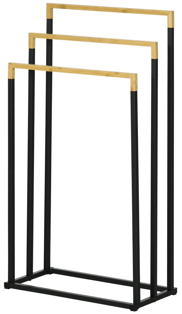 kleankin Zestaw Wieszaków na Ręczniki z 3 Drążkami, Styl Industrialny, Bambus, 45 x 22,5 x 86 cm, Czarny + Natural