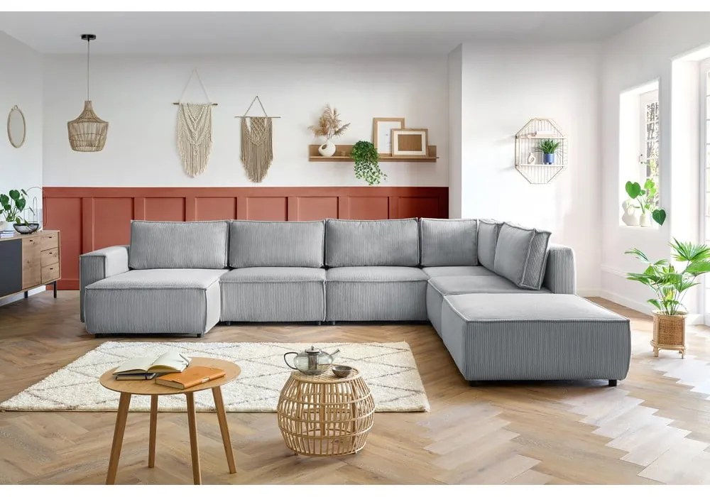 Jasnoszary sztruksowy narożnik (prawostronny/w kształcie litery U) Nihad modular – Bobochic Paris