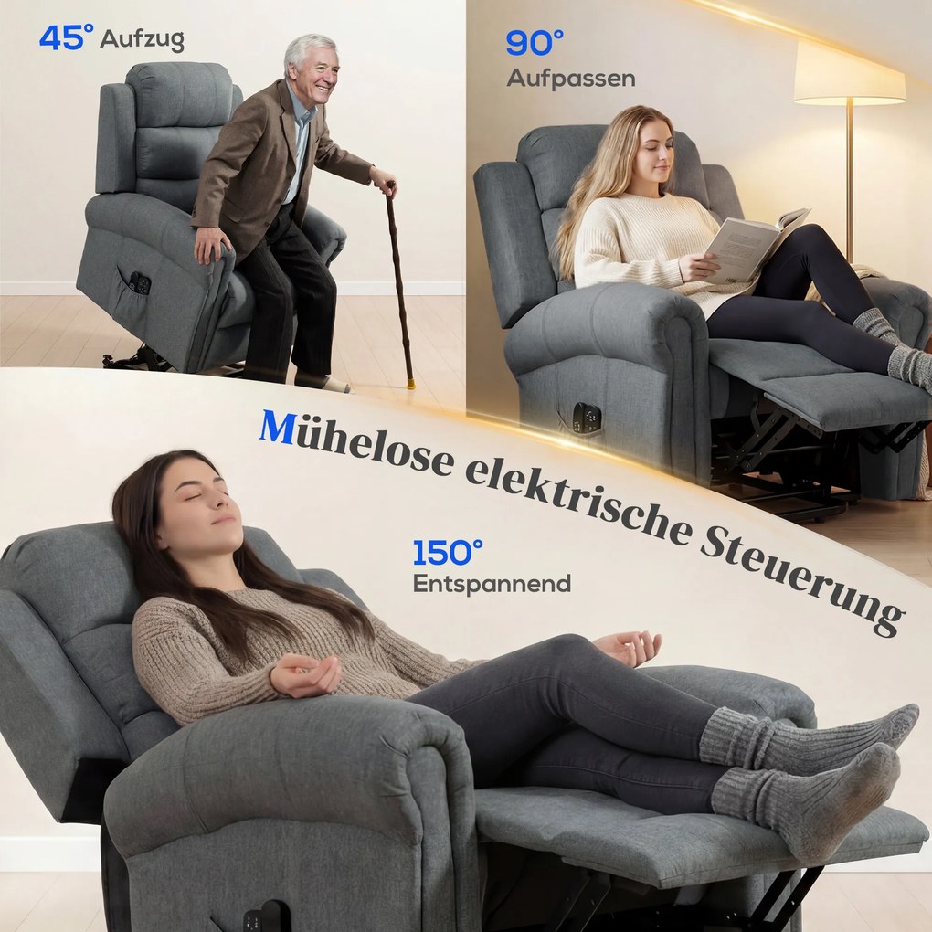 HOMCOM elektryczny fotel relaksacyjny z funkcją wspomagania wstawania rozkładany do 150° masaż wibracyjny tkanina o wyglądzie lnu szary | Aosom PL