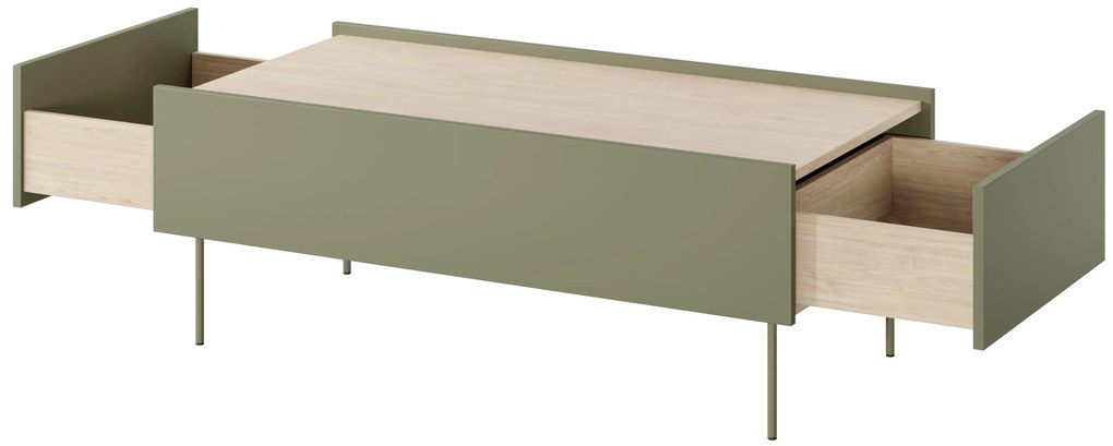 Stolik kawowy Desin 120 cm z szufladami i metalowymi nogami - oliwka / dąb nagano