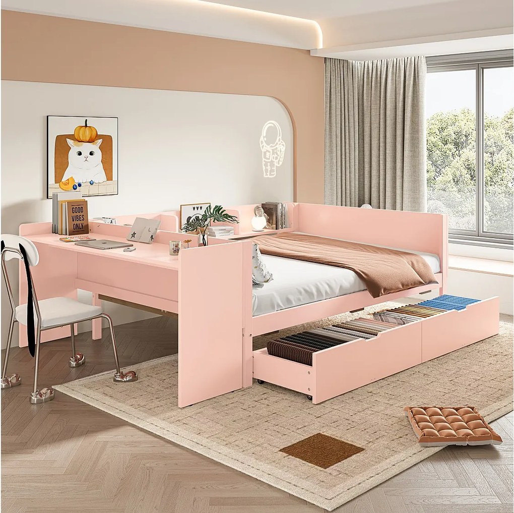 łóżko dwuosobowe ze schowkiem - 140 x 200 cm - 2 szuflady + biurko - bez materaca - sosna + płyta wiórowa - różowe