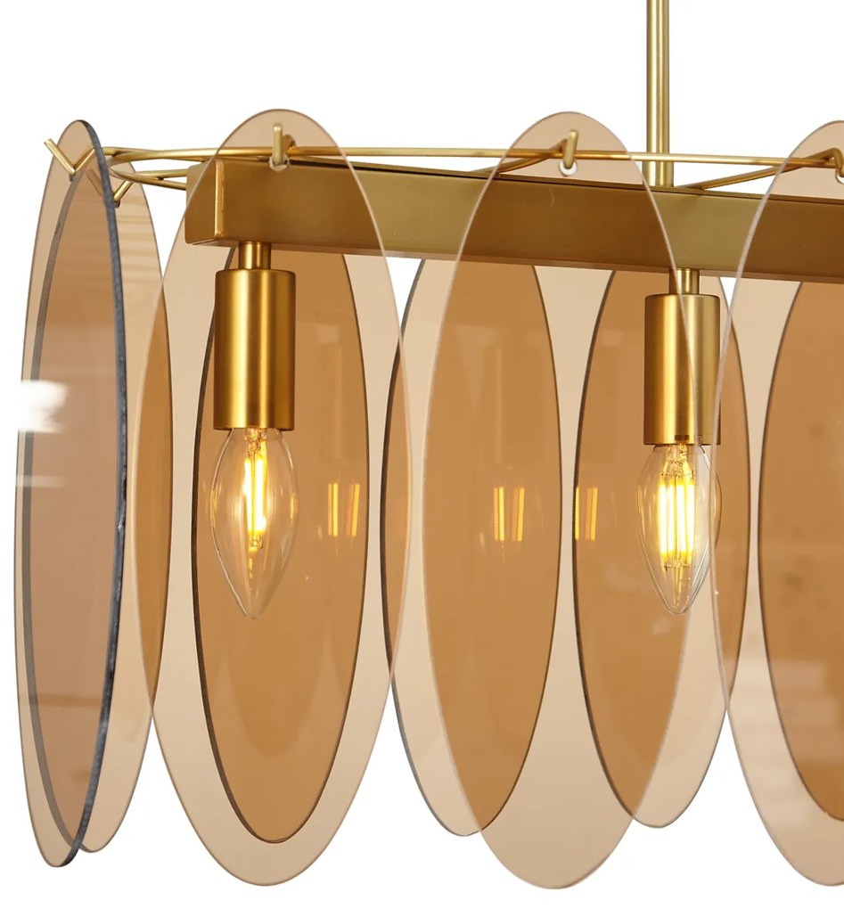 Lampa wisząca w stylu Art Deco złota z bursztynowym szkłem owalna 5-punktowa - Mochan ArtDeco Oswietlenie wewnetrzne