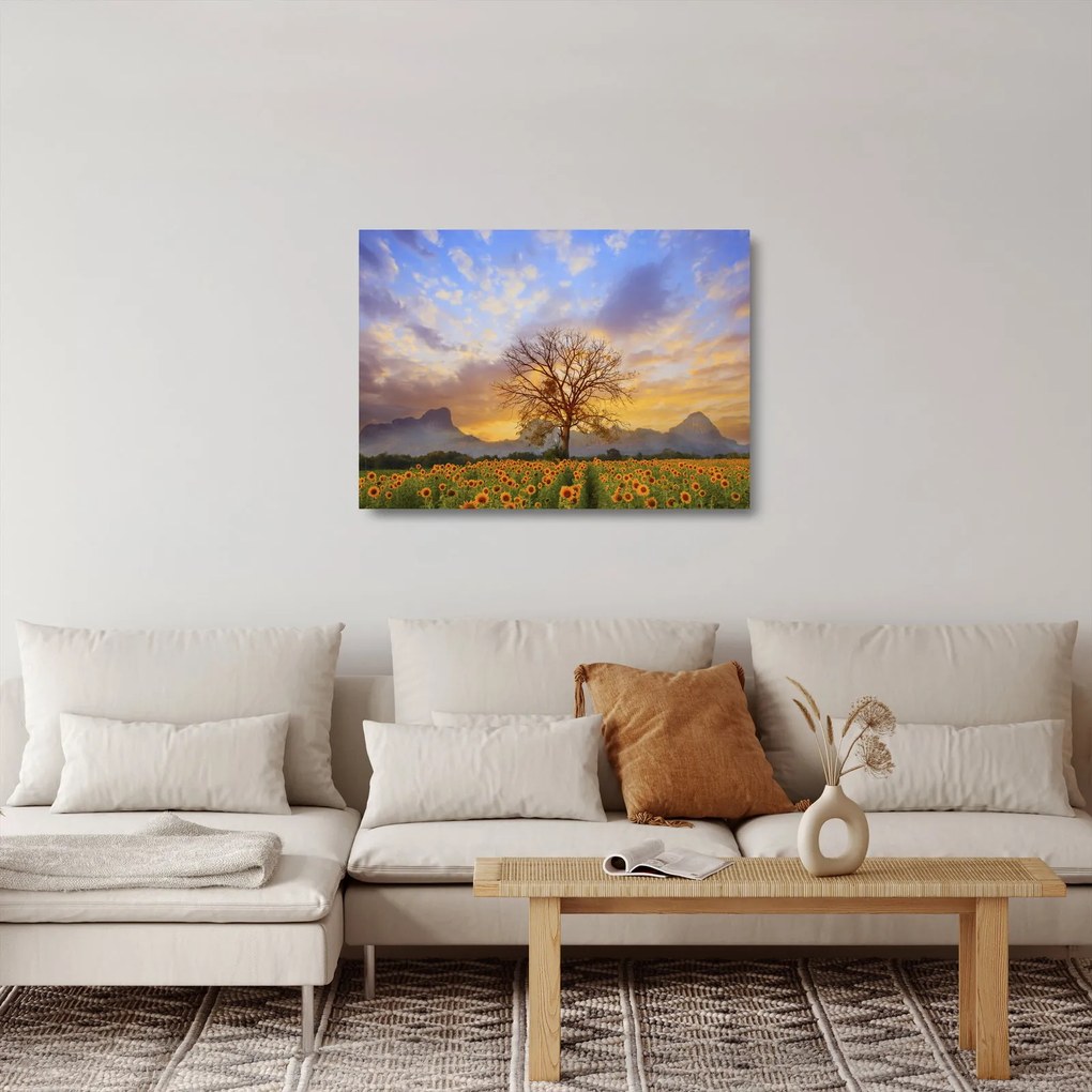 Obraz na szkle - Pejzaż ze słonecznikami (70x50 cm)