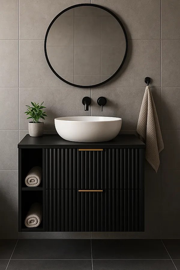 Czarna szafka łazienkowa ryflowana FLOW 80 cm z regałem i blatem