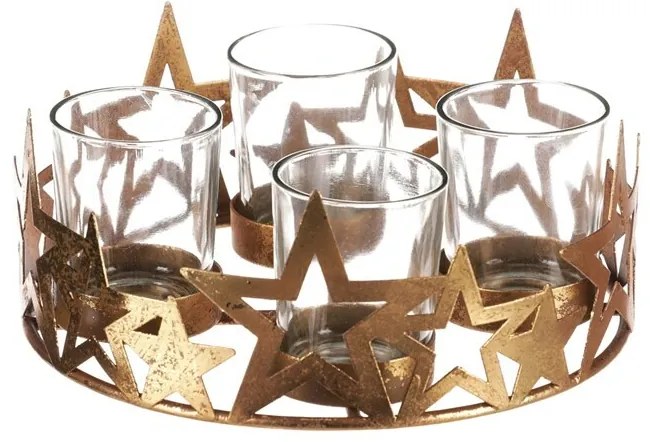 Świecznik adwentowy ze szklanymi elementami Gwiazda, metal, złoty, 18 x 18 x 8 cm