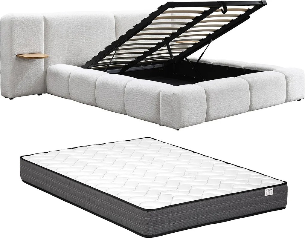 Łóżko ze skrzynią i szafkami nocnymi 180 x 200 cm – Tkanina z bukli  – Beżowy + Materac – VILACO
