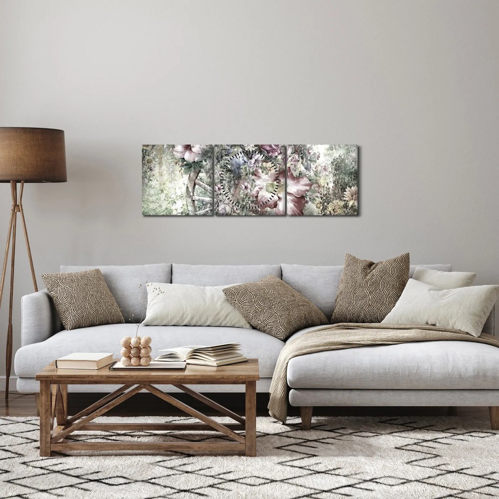 Obraz kwiatów na drewnianym kole (z zegarem) (90x30 cm)
