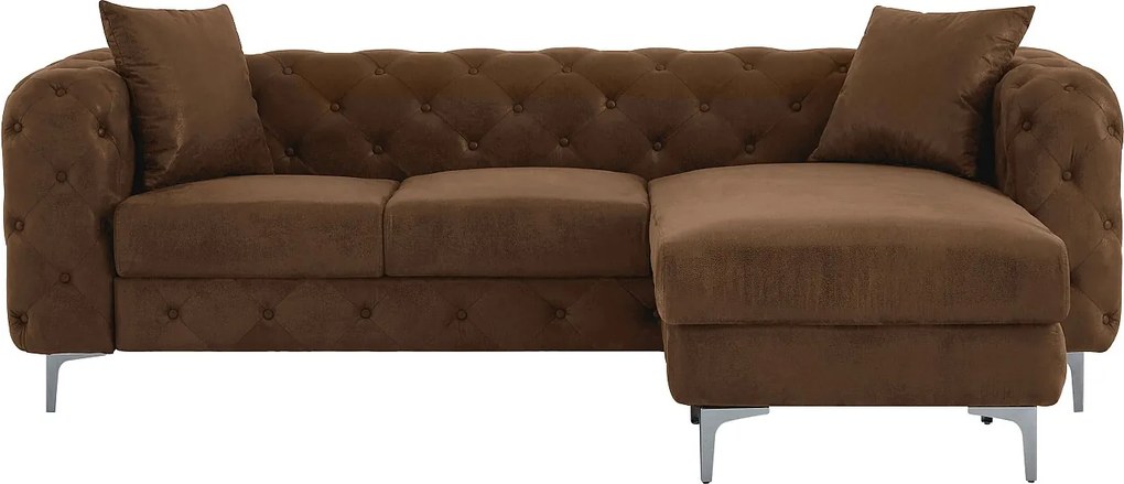 Kanapa narożna odwracalna chesterfield z mikrofibry imitująca brązową postarzaną skórę EDWINA