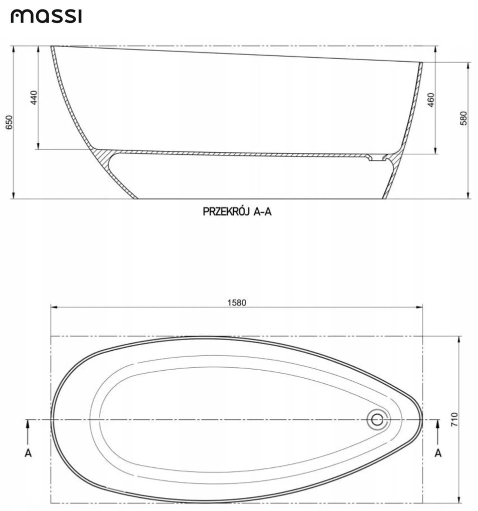 Wanna wolnostojąca SUZA owalna biała z konglomeratu 160 x 70 cm bez przelewu cienki rant | Różne kolory korków : Kolor korka - Biały