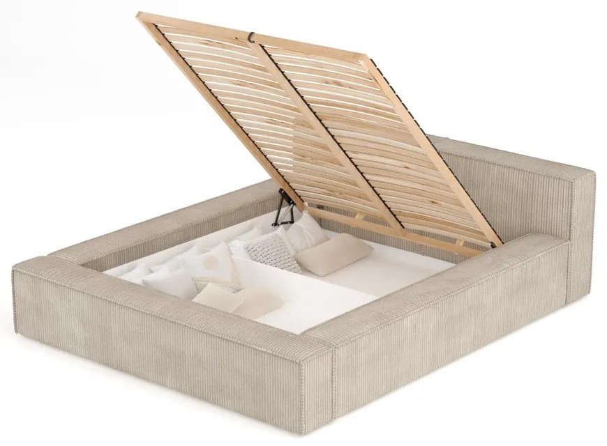 Beżowe tapicerowane łóżko dwuosobowe ze schowkiem i stelażem 200x200 cm Voliera – Maison de Rêve