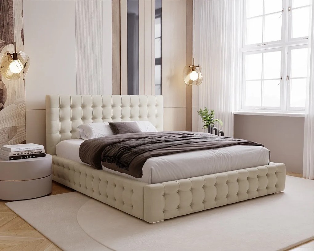 BESILIO Łóżko tapicerowane pikowane 120x200 Palmo - łóżko z pojemnikiem chesterfiled, pikowane guziki - Beżowy