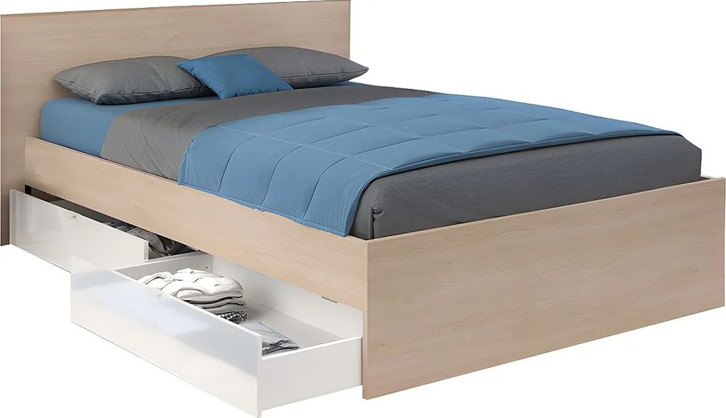 Łóżko z 2 szufladami 140 x 190 cm - Kolory: Naturalny i biały z połyskiem + stelaż - VELONA