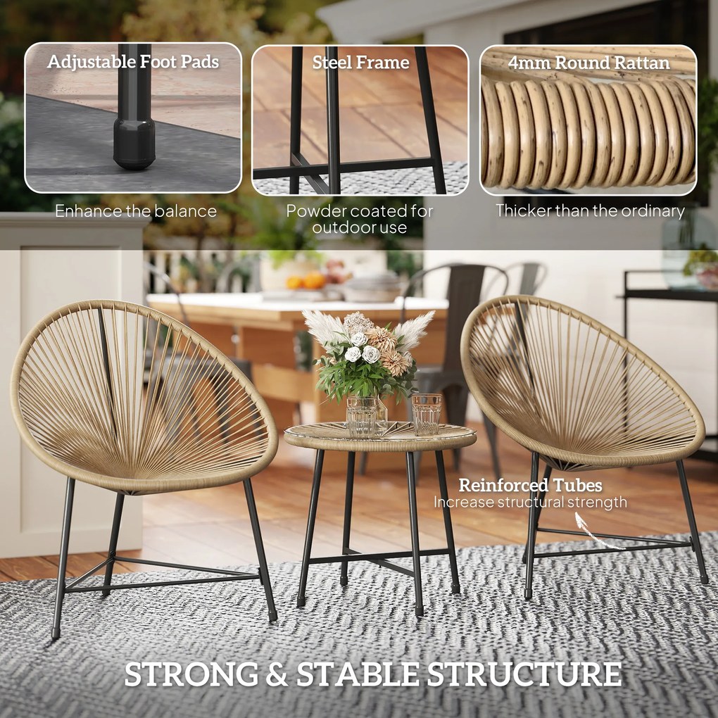 Outsunny 3-częściowy zestaw mebli ogrodowych, 2 krzesła z polirattanu, 1 stolik ze szklanym blatem, stalowa rama, Meble ogrodowe, Jasnobrązowy