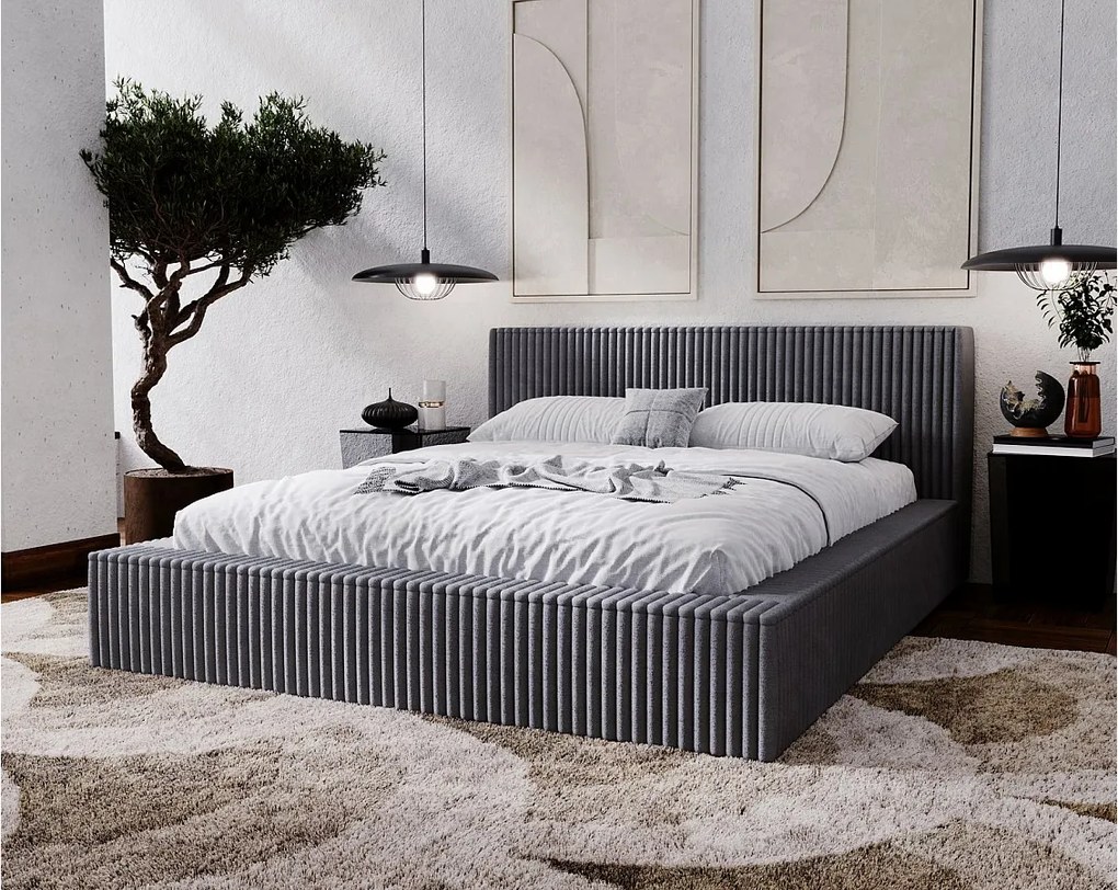 Emporius Buffy łóżko tapicerowane 140x200 - nowoczesne łóżko z pojemnikiem i stelażem, sztruks, ciemny szary (Vito 18)