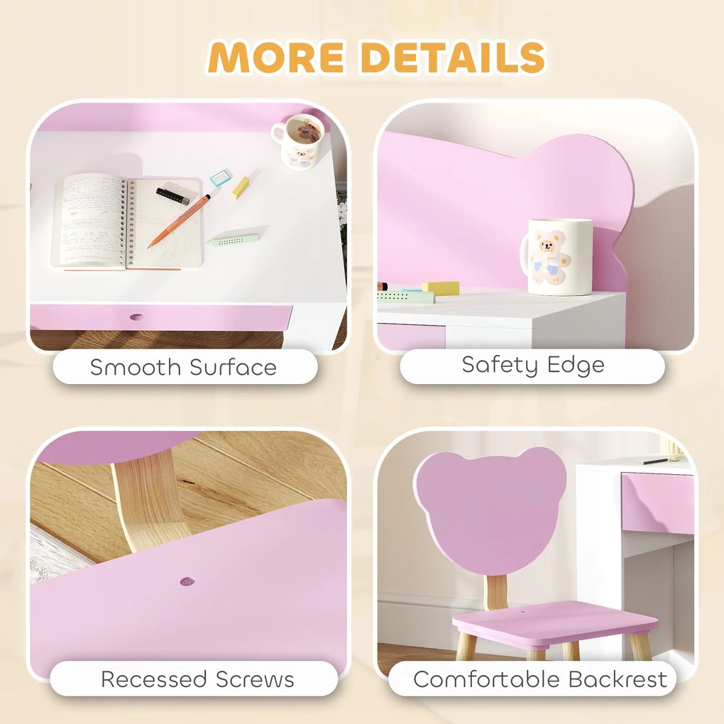AIYAPLAY Zestaw biurka dla dzieci, stół roboczy i krzesło z misiem, szuflada, do pisania i tworzenia, 3-8 lat, Różowy