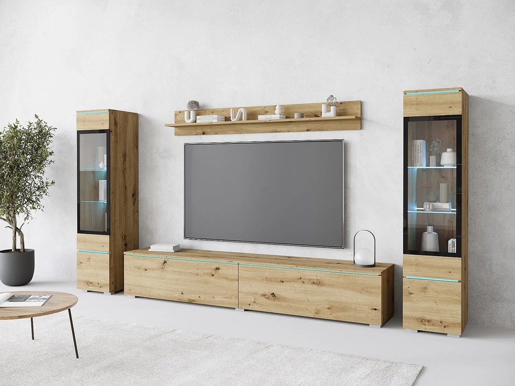 Nowoczesny zestaw mebli do salonu 4 elementy – szafka RTV 180 cm, 2 witryny i półka – meblościanka dąb artisan mat, stojąca lub wisząca