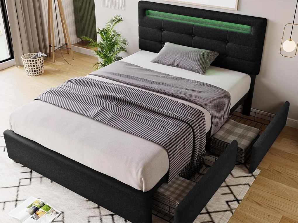 Łóżko 90 x 200 cm - tkanina lniana - LEDy - czarne