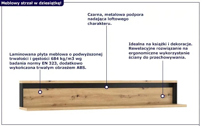 Wisząca półka w stylu industrialnym dąb artisan - QA-05