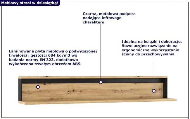 Wisząca półka w stylu industrialnym dąb artisan - QA P3-P60