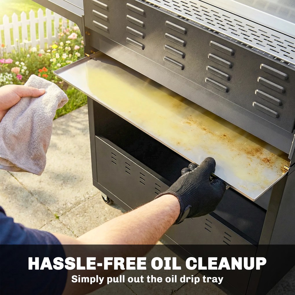 Outsunny Grill gazowy 18,6 kW 6+1 palników BBQ wózek grillowy ze stali nierdzewnej z kółkami, termometrem, półką podgrzewającą, bocznymi stolikami i szafką | Aosom PL