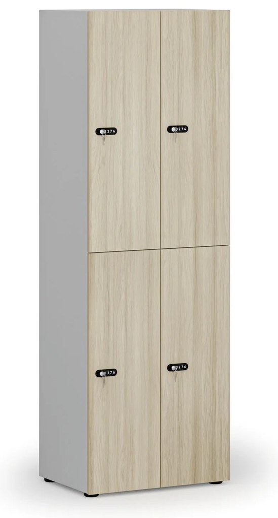 Drewniana szafka skrytkowa S4, 4 schowki, demontaż, zamek mechaniczny z kodem, szary/dąb naturalny