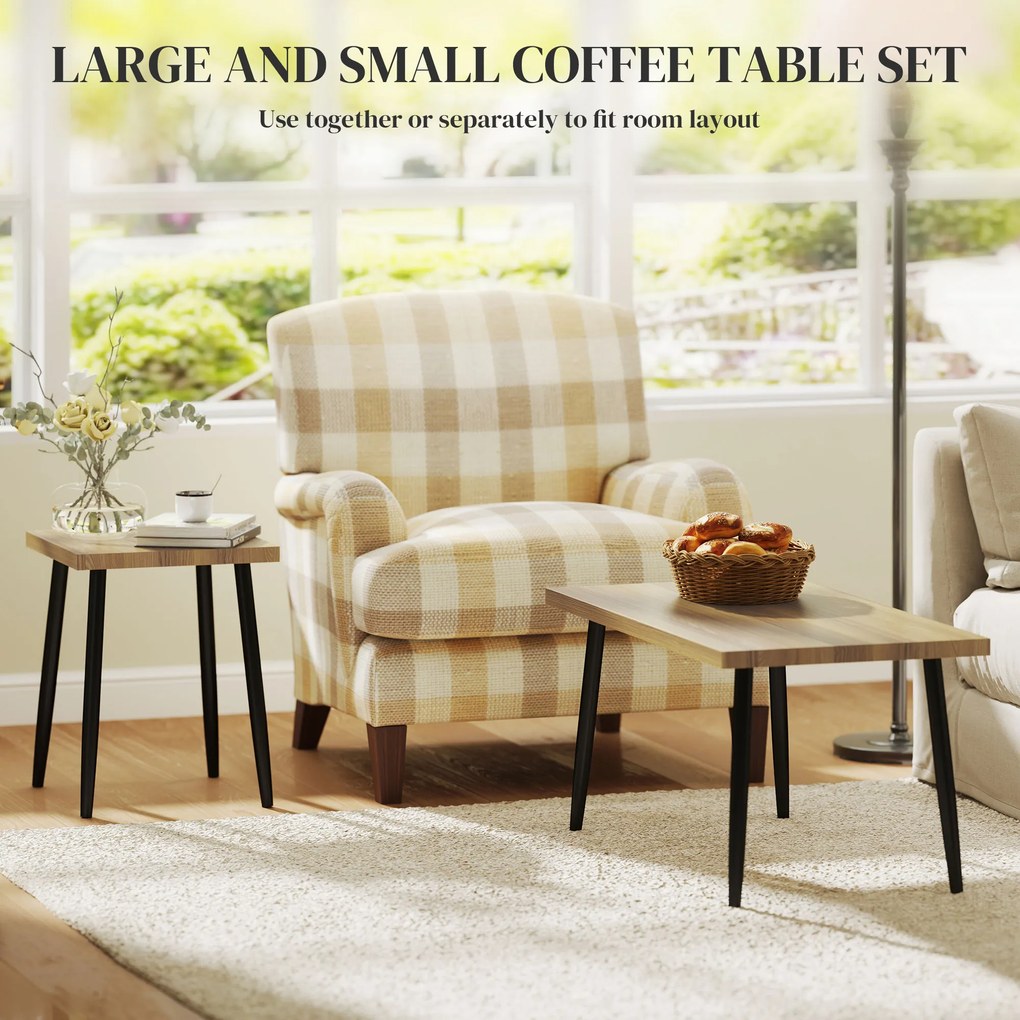 HOMCOM Zestaw 2 Stolików Kawowych, Duży i Mały Stolik z Ramą Metalową i Blatem Drewnianym, Elastyczne Stoliki Kawowe, Drewno Naturalne