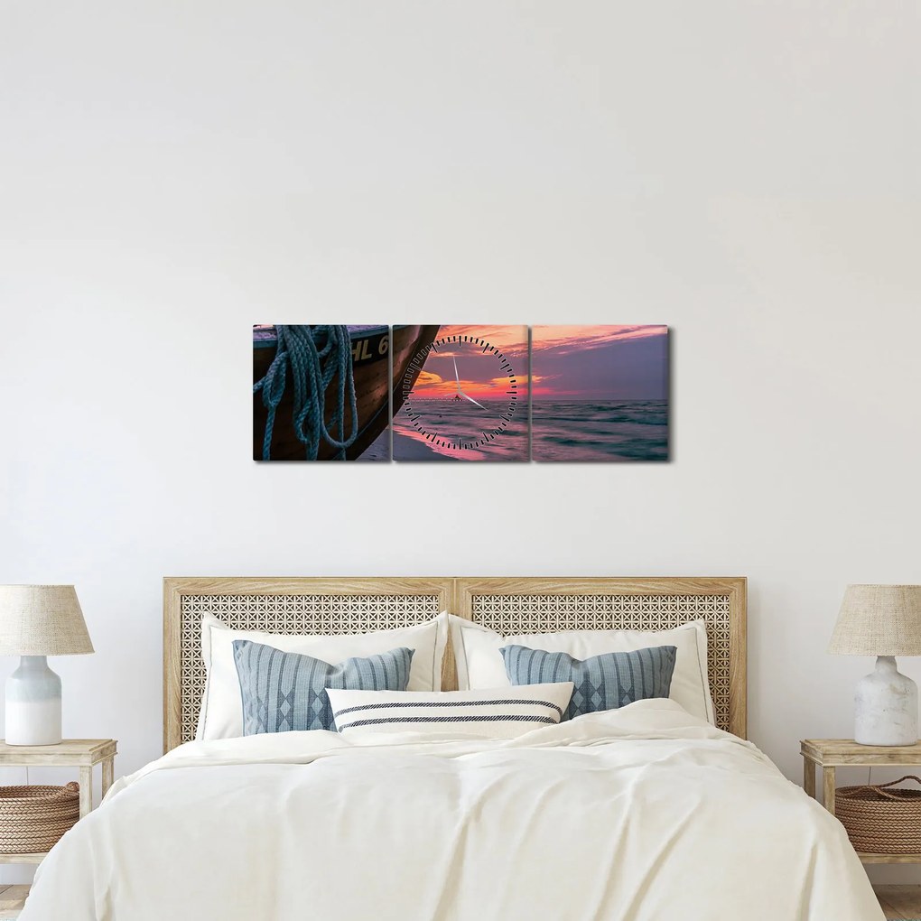 Obraz łodzi na brzegu (z zegarem) (90x30 cm)