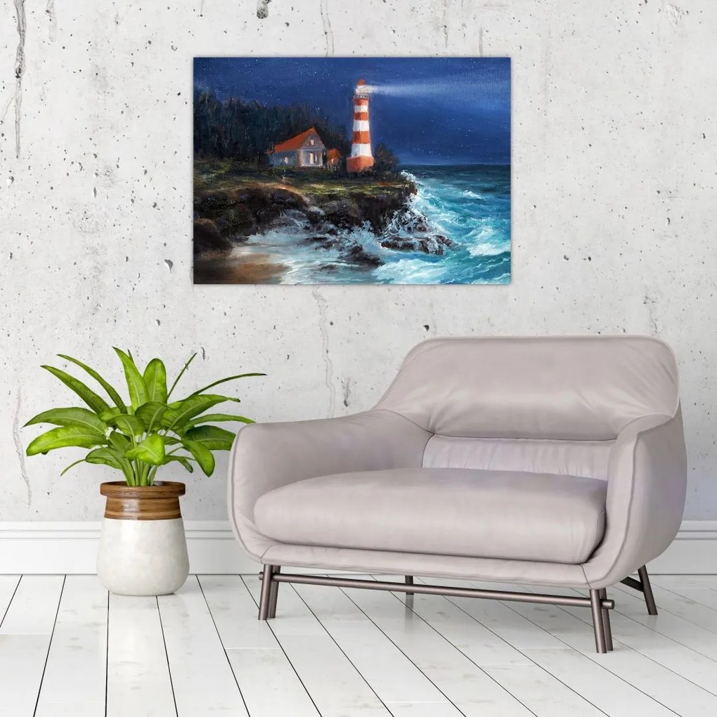 Obraz na szkle - Latarnia morska na brzegu oceanu, akwarela (70x50 cm)