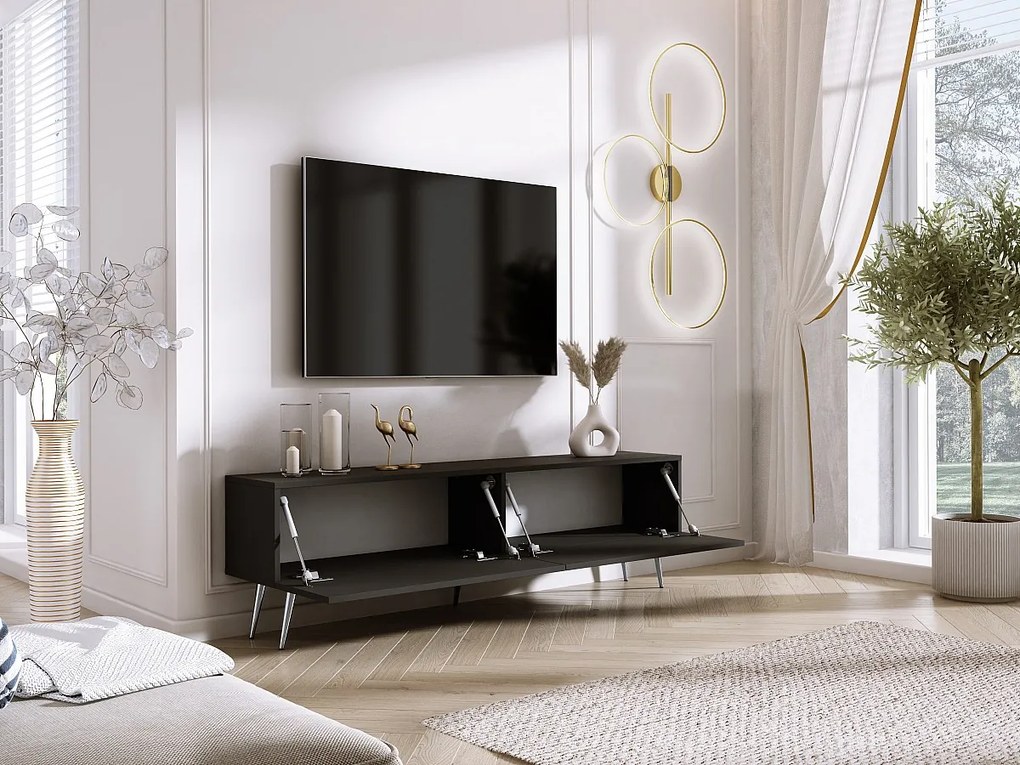 Szafka RTV: Czarny Matowy/Czarny Błyszczący, Nogi Chromowane, 170 x 52 x 32 cm