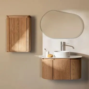 Zestaw Mebli Łazienkowych Z Drewna Carsone Naturalna & Naturalna & Okrągły Ceramiczny Biały Ø40 Cm Lenka & Owalna - Sklum