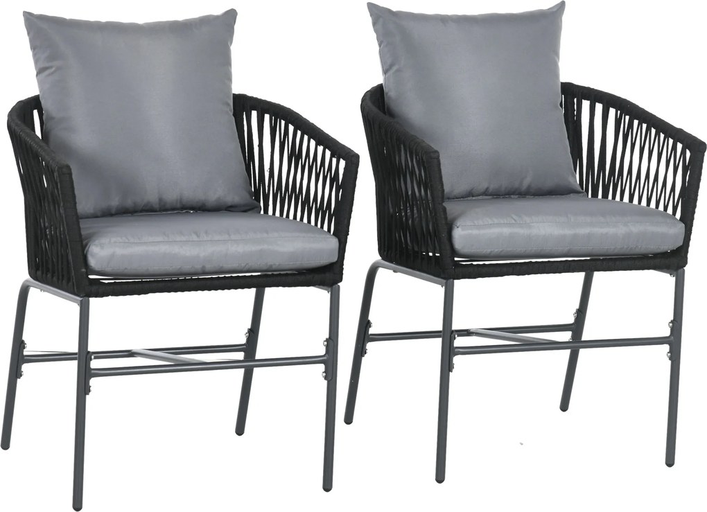 Outsunny Krzesła Ogrodowe, 2 szt., Design Boho, Poduszki na Siedzisko i Oparcie, Wygodna Powierzchnia Siedziska, Rama Metalowa, Czarny