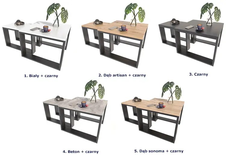 Dwa loftowe stoliki kawowe dąb artisan + czarny - Kotis 3X