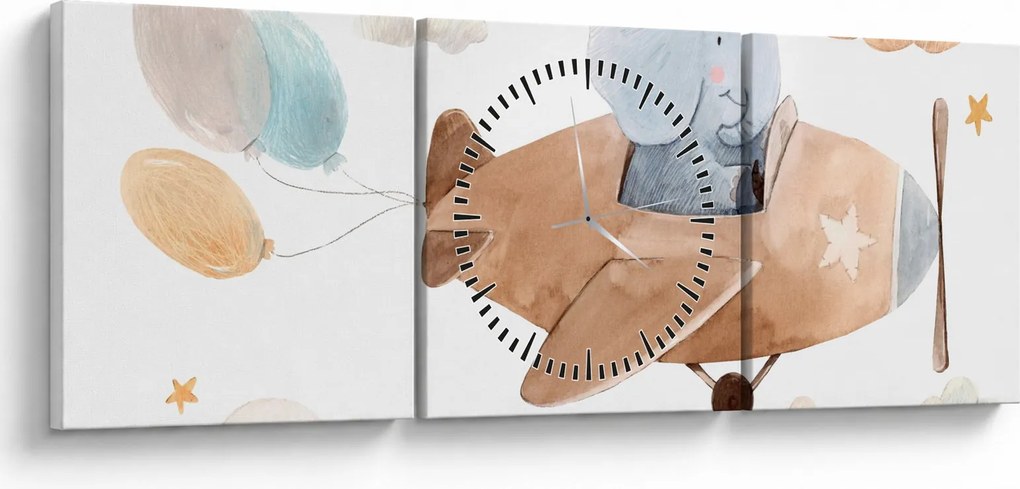 Obraz - Akwarela słoń w samolocie (z zegarem) (90x30 cm)