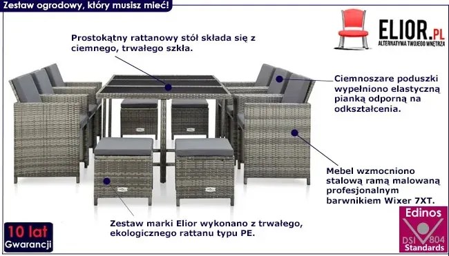 11-cz. szary zestaw rattanowy do ogrodu – Mikra 4X
