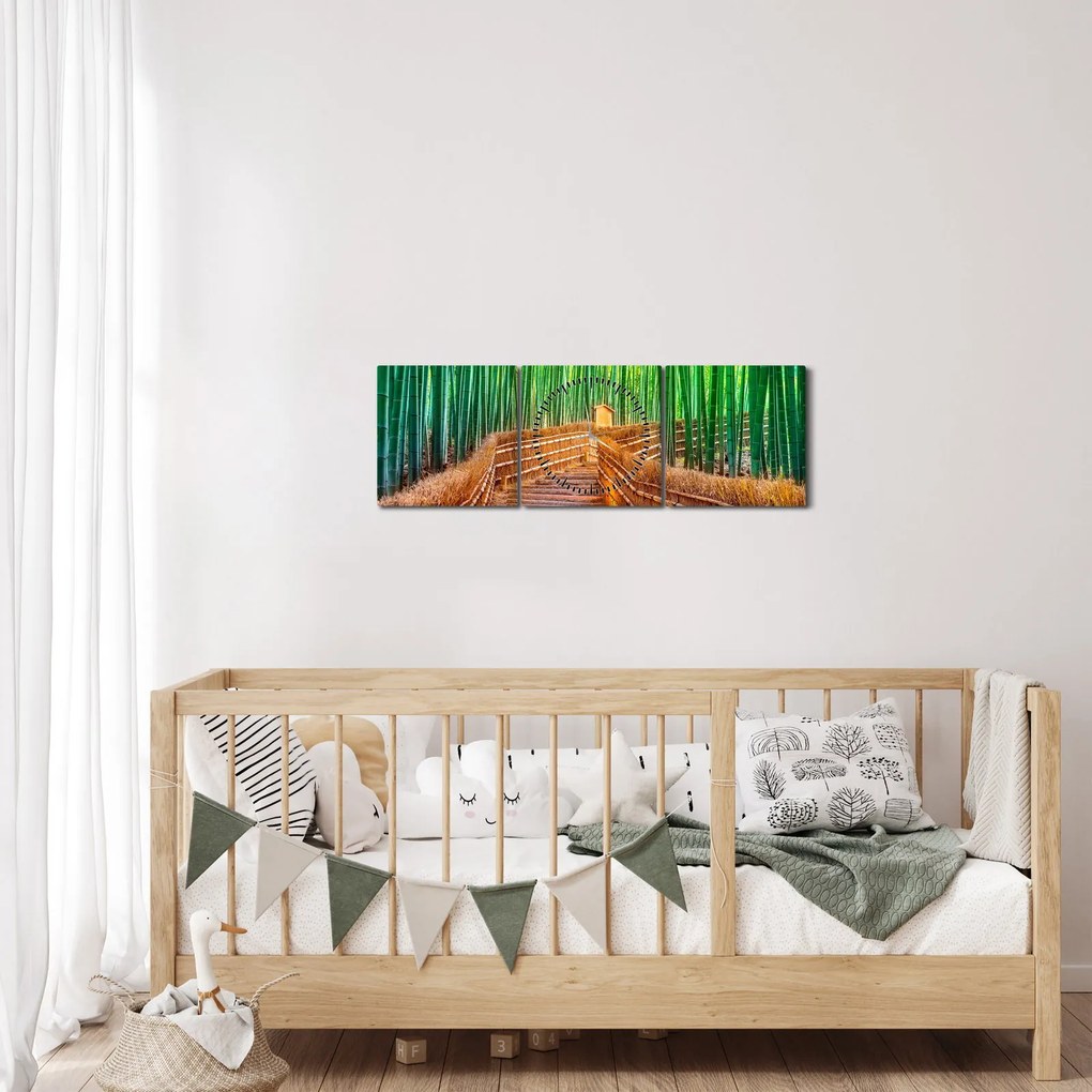 Obraz - Japoński las bambusowy (z zegarem) (90x30 cm)