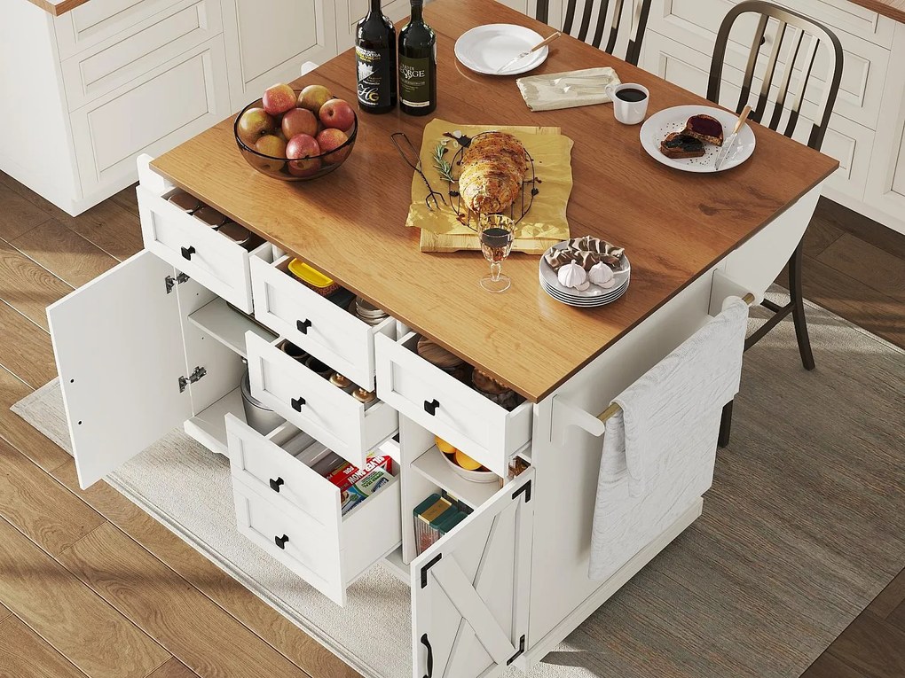 Mobilna wyspa kuchenna - Blat rozsuwany - 2 fronty i 5 szuflad - Otwarte półki - Z wieszakiem na ręczniki - MDF - ​​Biały​