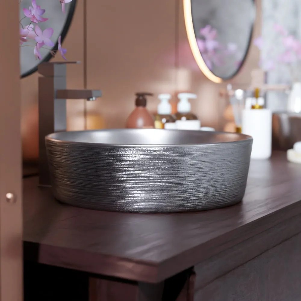Umywalka ceramiczna nablatowa okrągła srebrna matowa ryflowana 42 cm MAVA SILVER cienki rant