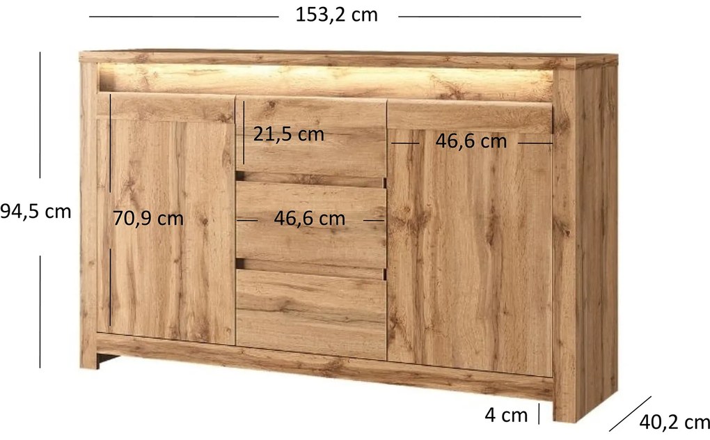 Komoda Dwudrzwiowa z Szufladami Drewniana SOLARE 153 cm Dąb wotan Klasyczna