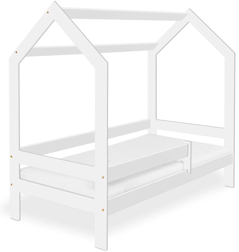 Łóżko dziecięce DOMEK D3, 80 x 160 cm, białe Stelaż: Ze stelażem listwowym elastycznym, Materac: Materac COCO 10 cm, Pojemnik pod łóżko: Z białym pojemnikiem pod łóżko