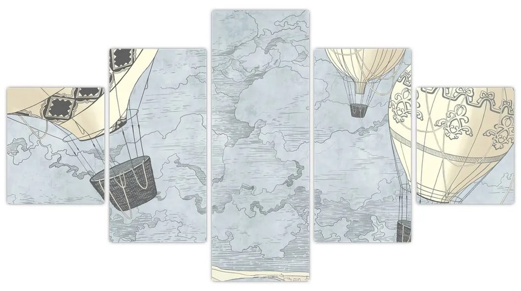 Obraz - Balony nad miastem, zimne odcienie (125x70 cm)
