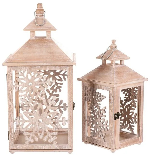 Zestaw latarni drewnianych Płatki śniegu 2 szt., naturalny