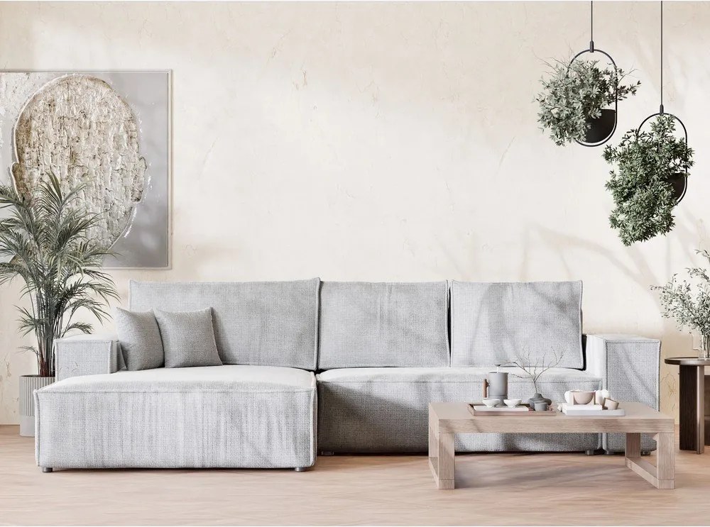 Jasnoszary rozkładany narożnik ze schowkiem z tkaniny szenilowej (lewostronny/z szezlongiem) Maze – Maison de Rêve