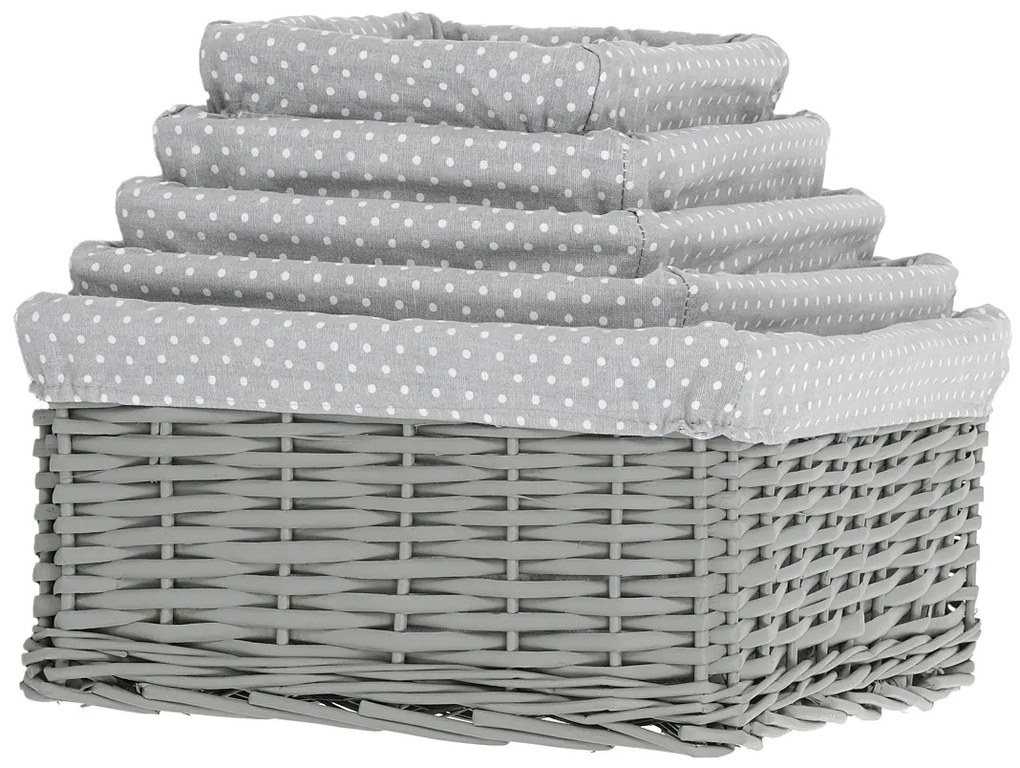 Zestaw koszyków wiklinowych z tkaniną Szara kropka, 5 szt., 5 rozmiarów, 48 x 18 x 37 cm