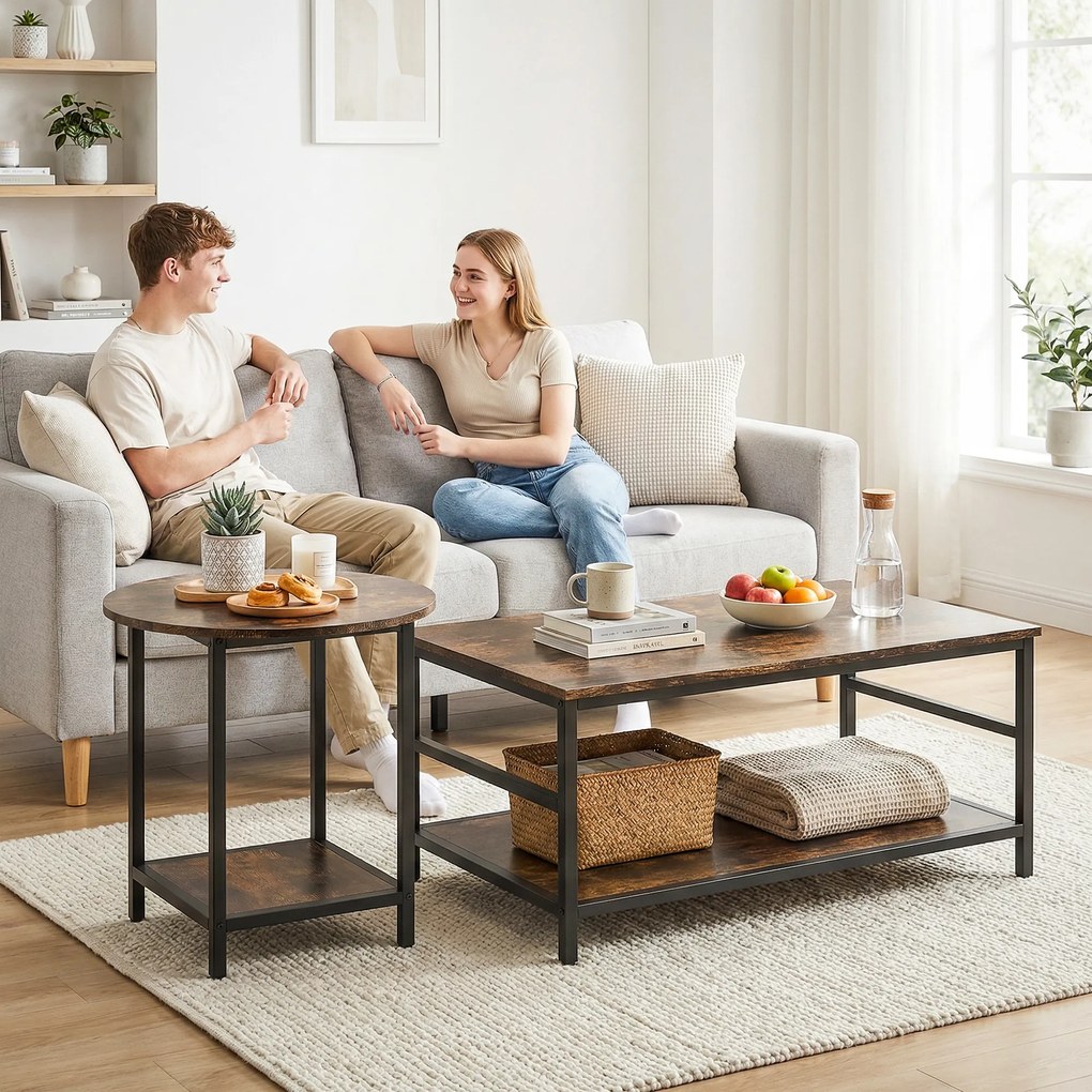 HOMCOM Zestaw stolików kawowych, 2-częściowy, stolik prostokątny i okrągły z 2-poziomowym miejscem do przechowywania, rustykalny brąz | Aosom PL