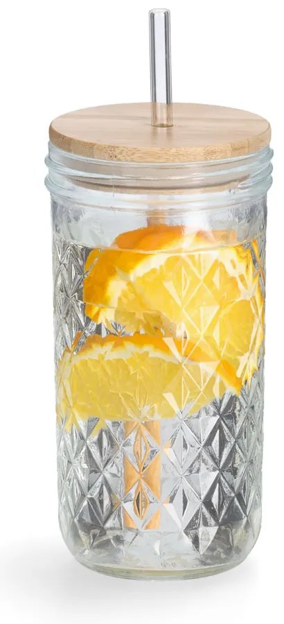 Szklanka z metalową słomką i szczelnym wieczkiem z bambusa, 580 ml