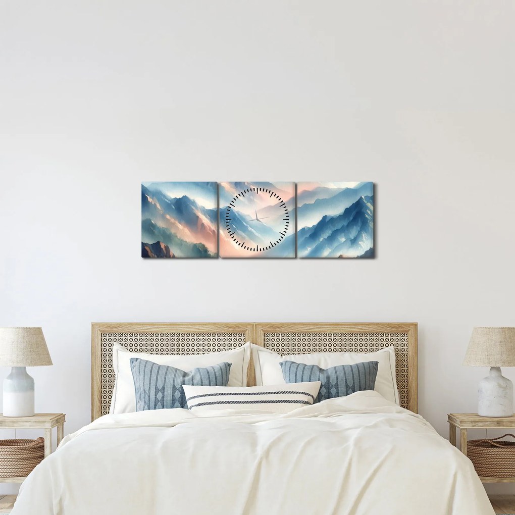 Obraz - Akwarelowe góry (z zegarem) (90x30 cm)