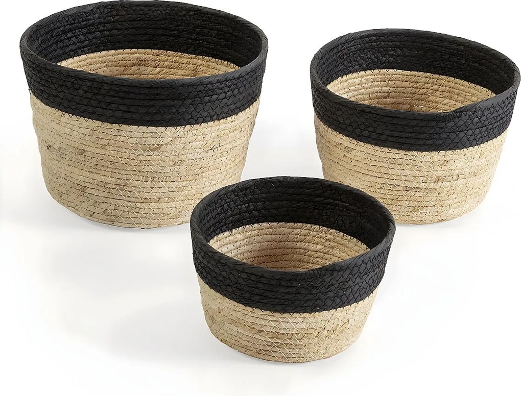 Zestaw trzech koszyków Colummn Nati z naturalnego włókna i papieru, czarno-beżowy.
