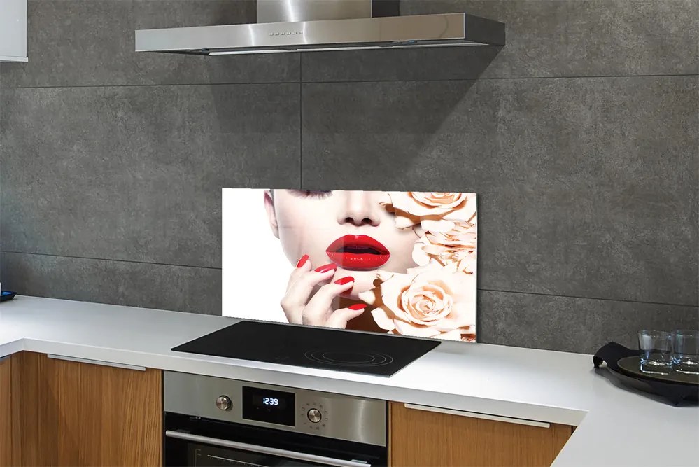 Szklany Panel Róże i Czerwone Usta Kobiety