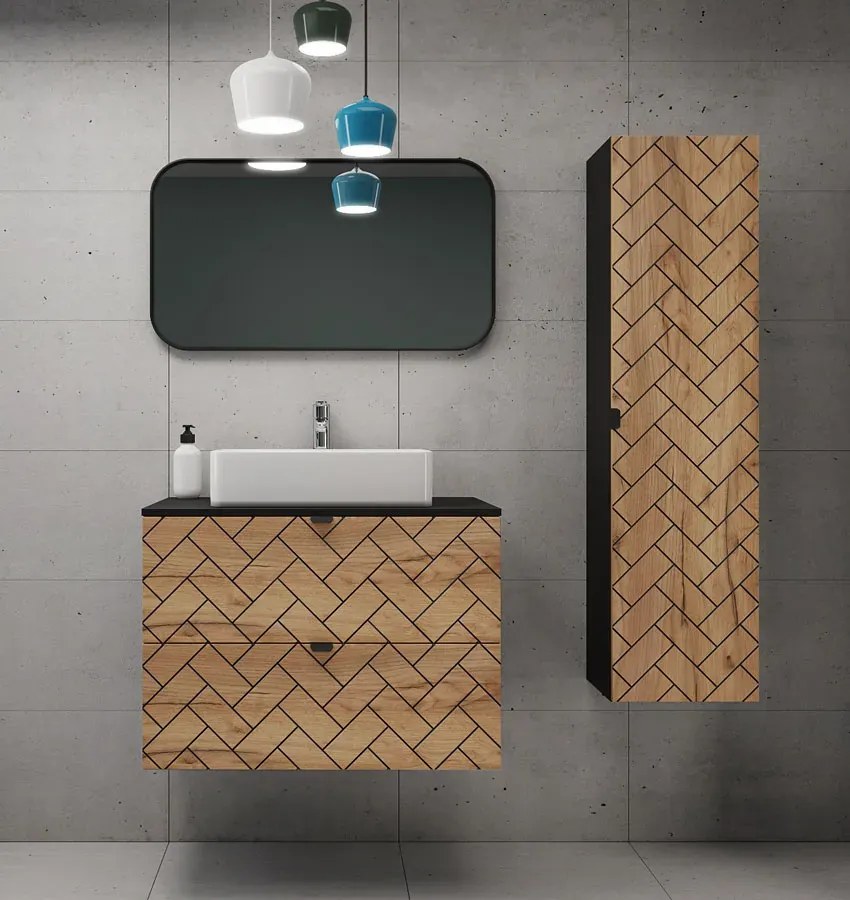 Komplet szafka pod umywalkę 80 cm ze słupkiem czarny + dąb craft złoty L3-T99