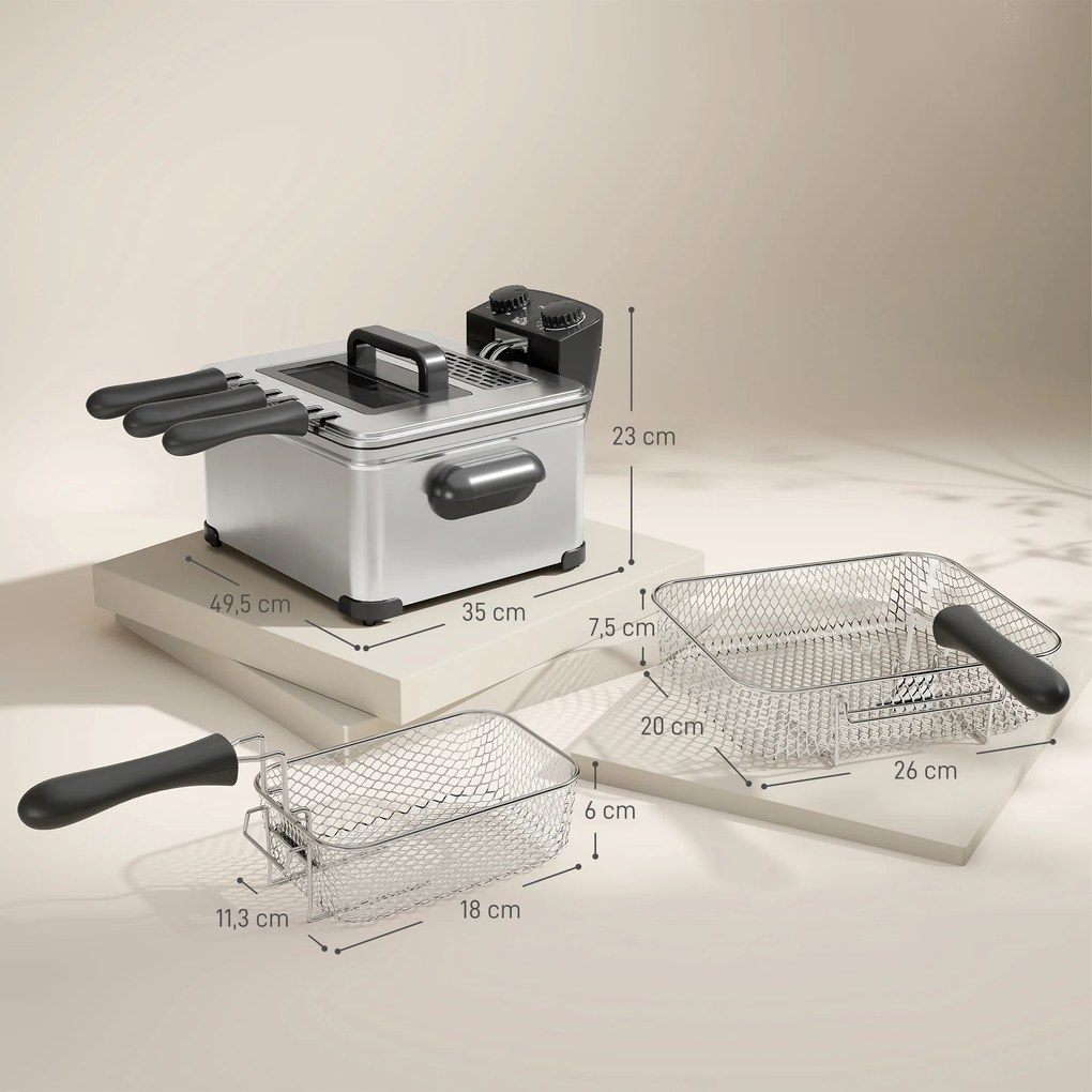 HOMCOM Frytkownica, 5L Pojemności Oleju, Timer, Okno, 2000W Moc, Kolor Srebrny